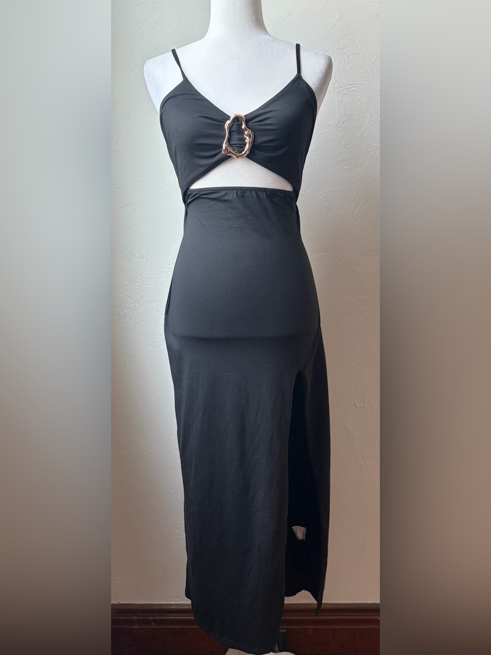 CBR Black Cutout Bodycon Midi Dress Gold Hardware Side Slit Size L